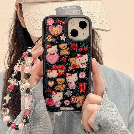 Black Glitter Hello Kitty Sticker Case with Lanyard