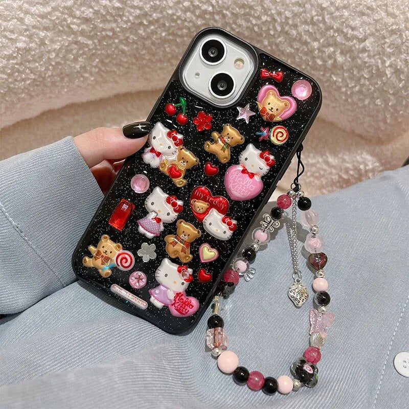 Black Glitter Hello Kitty Sticker Case with Lanyard