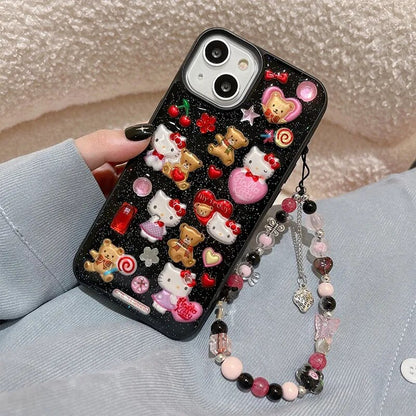 Black Glitter Hello Kitty Sticker Case with Lanyard